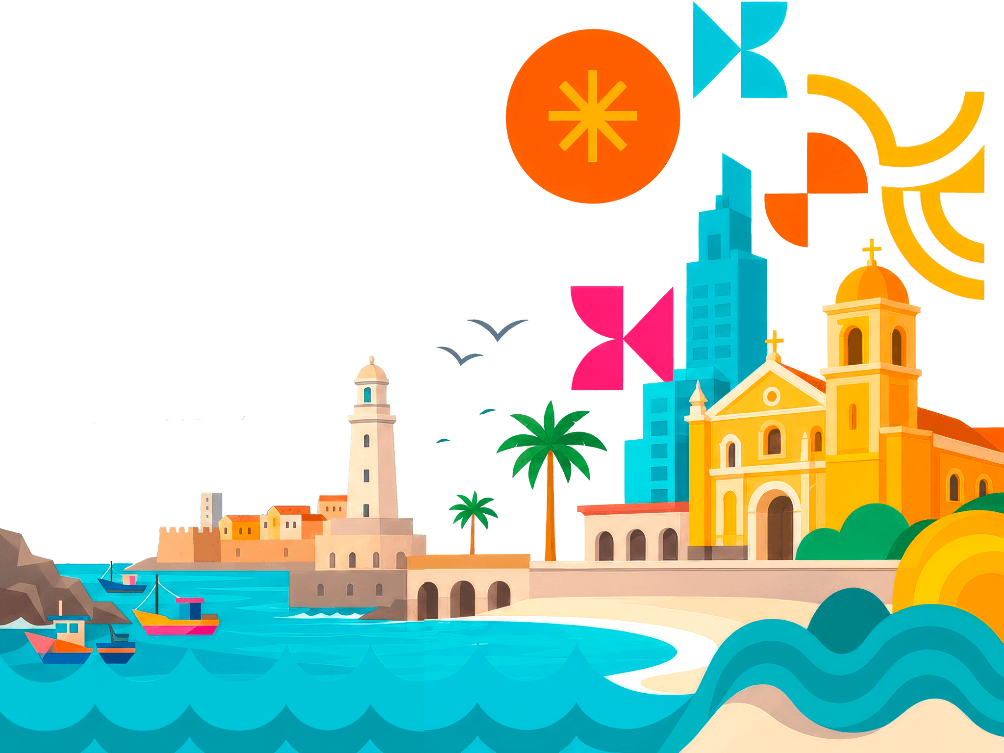 Ilustración de Veracruz: el puerto, el faro, la catedral y los íconos de la marca Tech Week